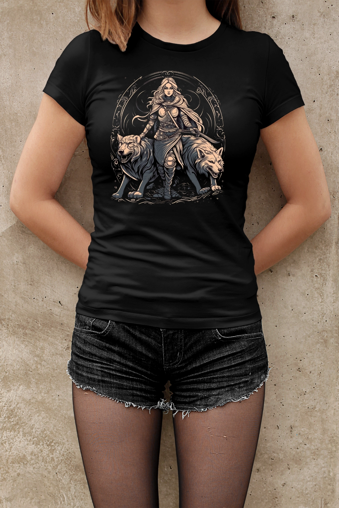 Wikinger-T-Shirt Kriegerin mit Wölfen