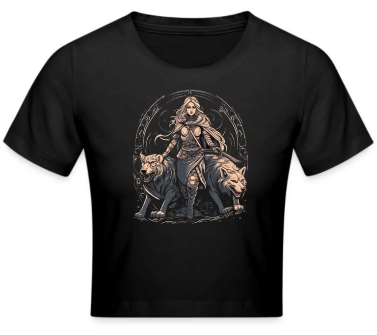 Wikinger-T-Shirt-Crop Kriegerin mit Wölfen