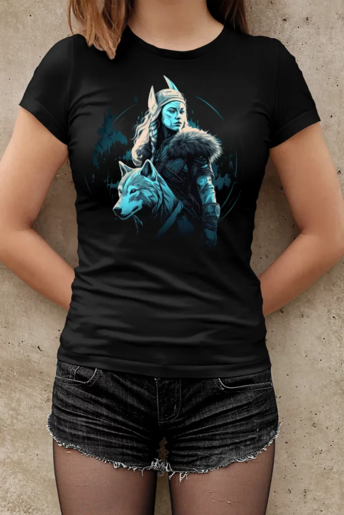Wikinger-T-Shirt Kriegerin mit Wolf