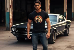 Mann mit Retro T-Shirt vor Classic Car