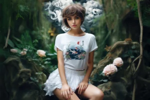 young japanese woman-sitting in japanese garden, white T-Shirt and skirt
