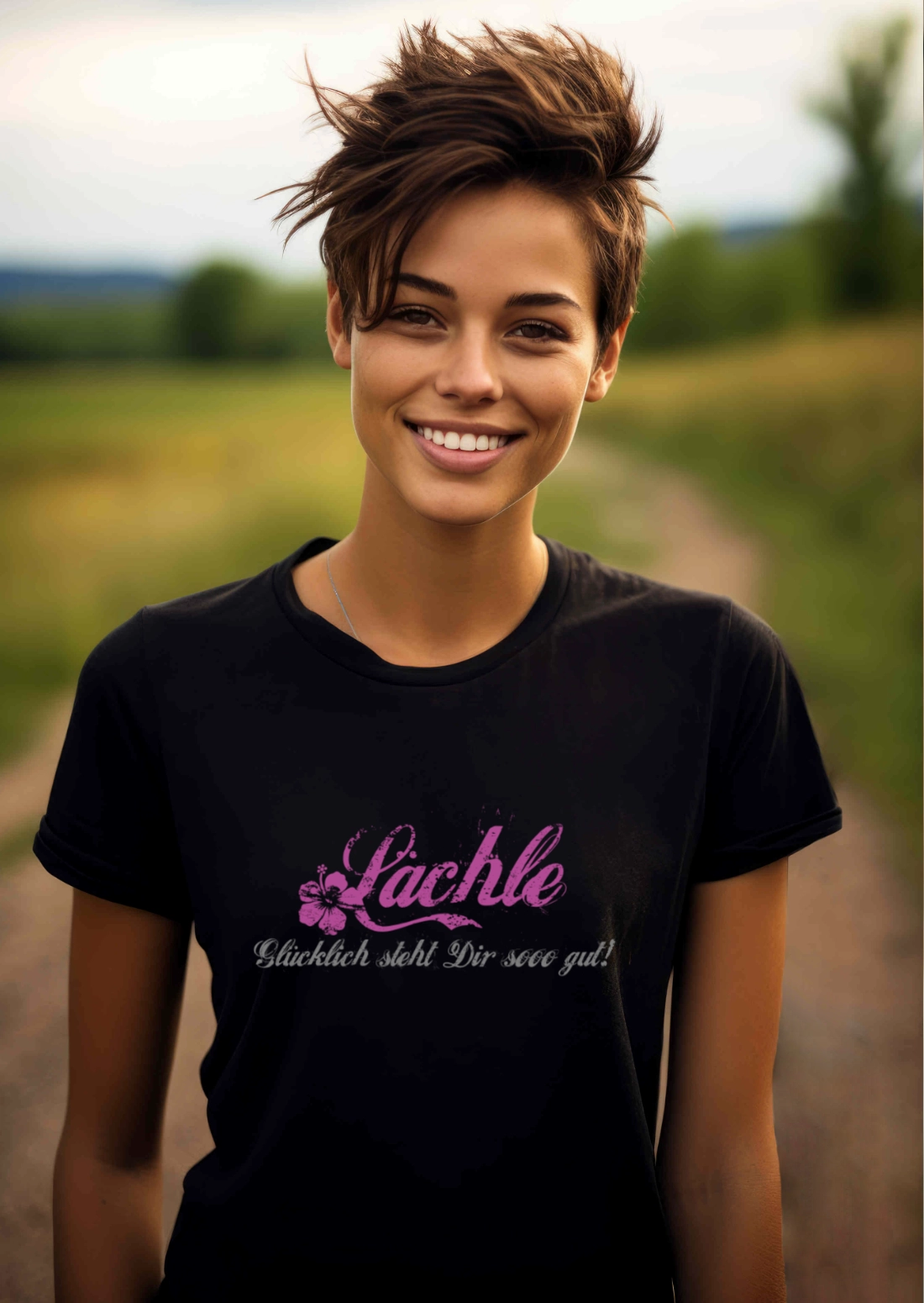 Junge Frau mit coolem Damen-T-Shirt in der Natur, Aufdruck Lächle