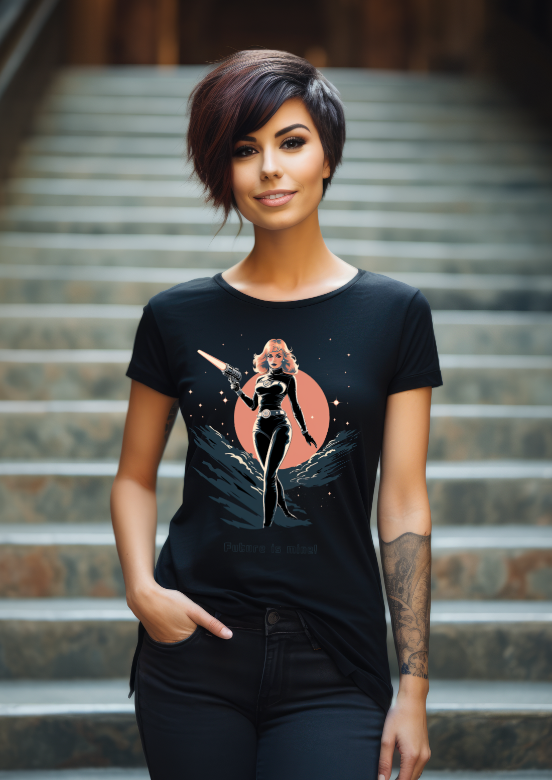 Junge Frau mit Retro-T-Shirt Spacegirl - Future is mine