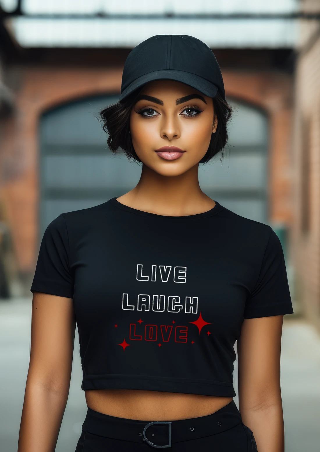 Junge Frau mit coolem Damen T-Shirt "Live-Laugh-Love"