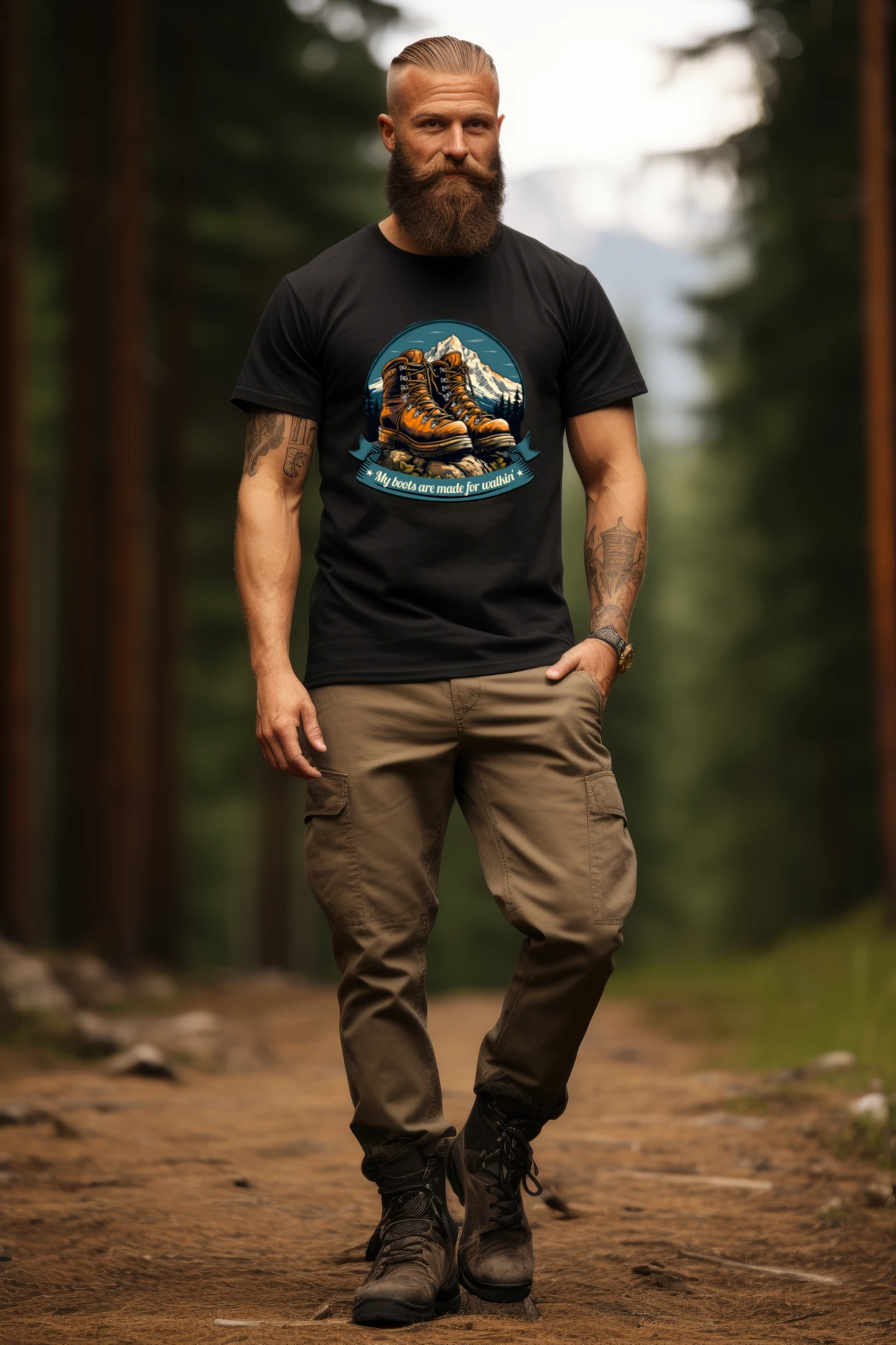 Mann mit Wandern-T-Shirt und Wanderschuhen