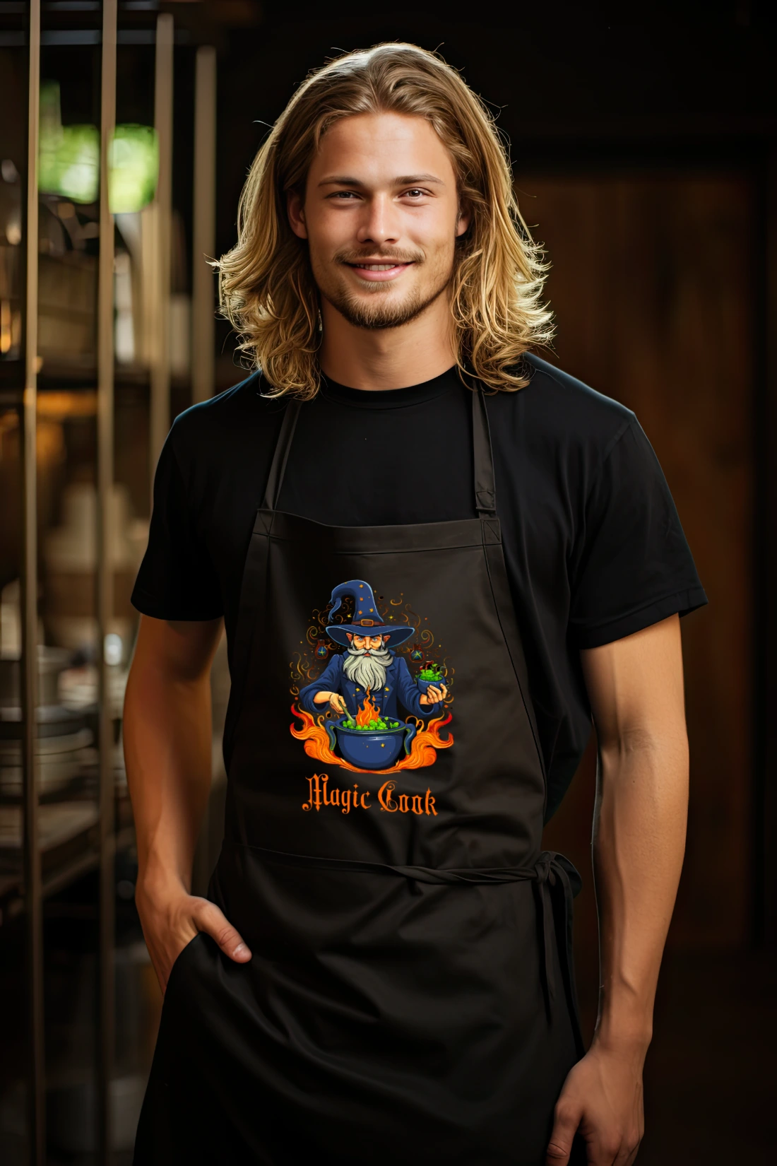 Junger Mann mit Lustiger Kochschürze für Männer Magic-Cook