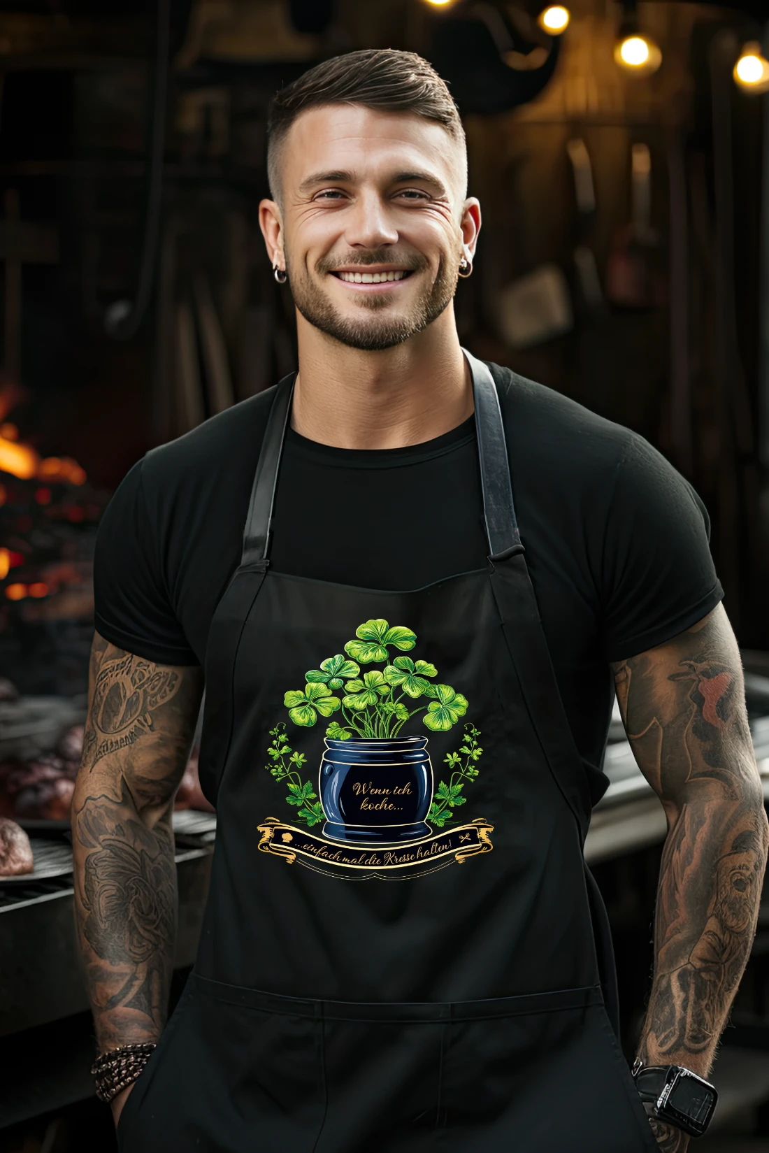 Mann beim Grillen - Lustige Kochschürze-für-Männer-einfach-Kresse-halten