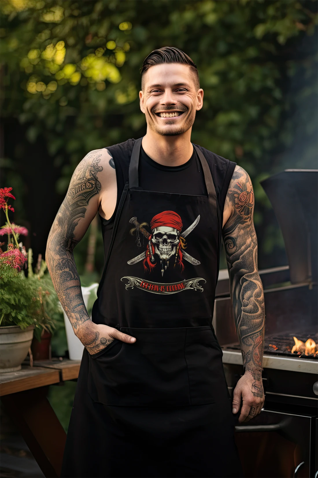 Junger Mann mit Lustige-Kochschürze-für-Männer Piraten Stil - Captain is cooking