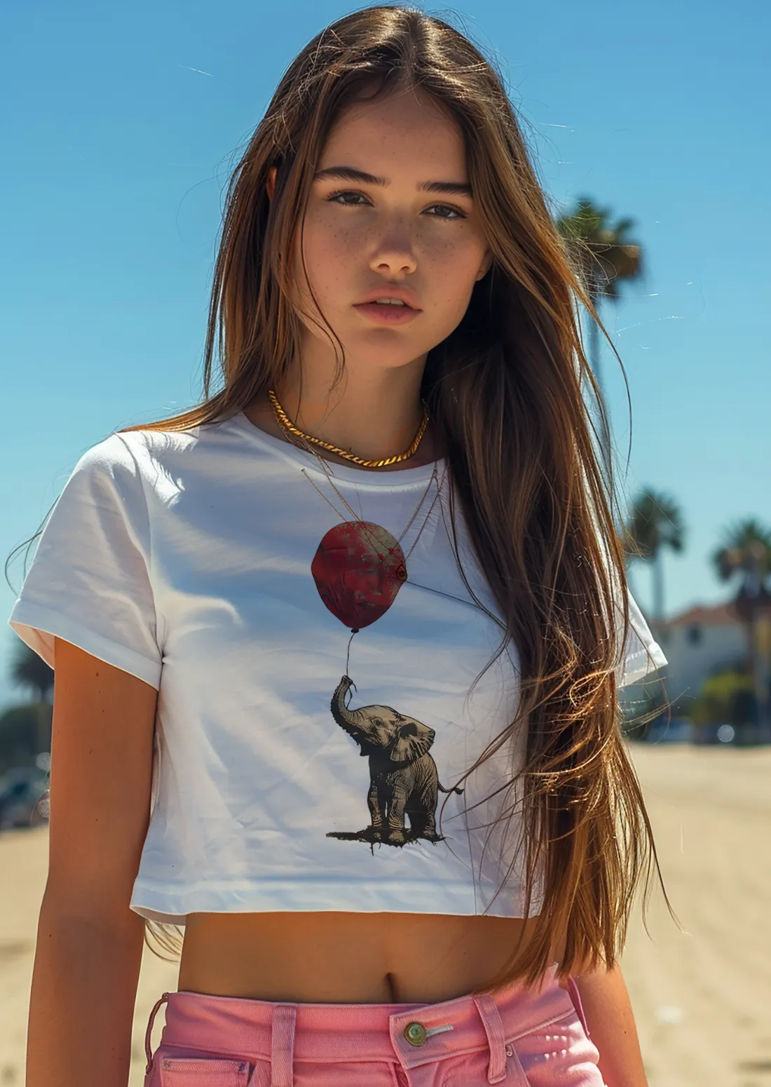 Junge Frau mit coolem -t-shirts-elefant-with-red-balloon
