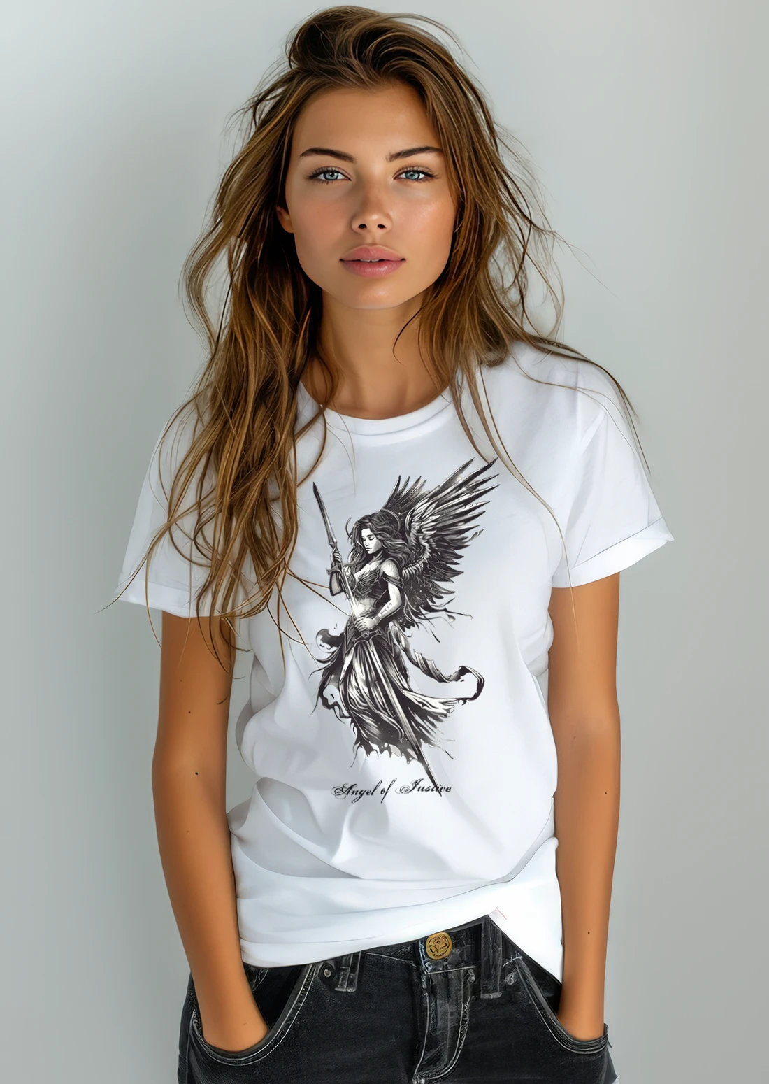 Frau mit Ausgefallenem-T-Shirts-Angel-of-Justice