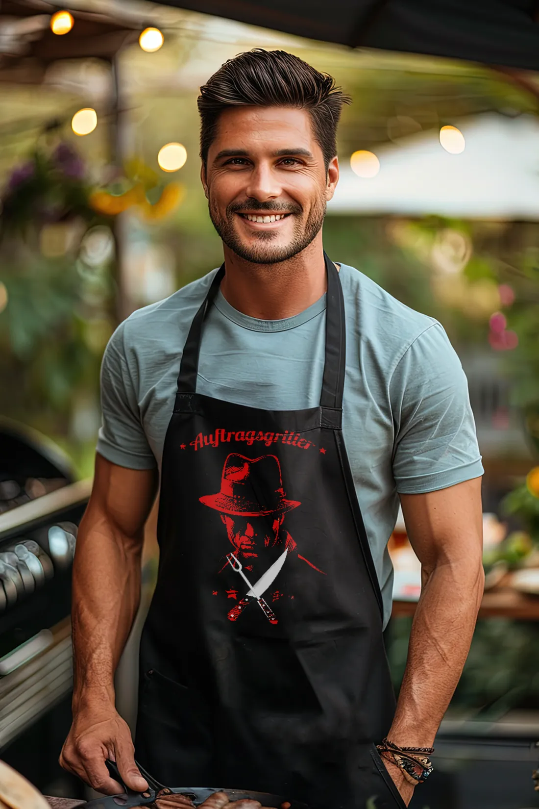 Mann mit Lustiger-Grillschürze-Kochschürze-Auftragsgriller