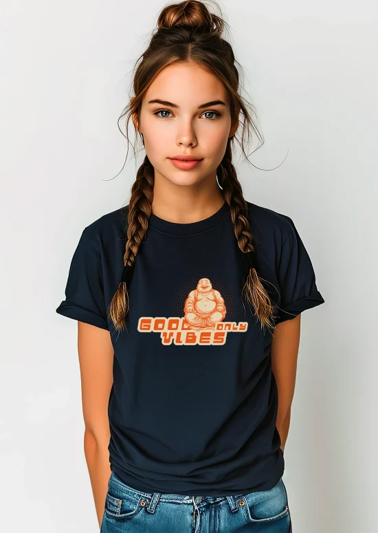 frau mit coole-t-shirts-good-vibes-only-mönch